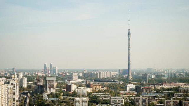 Aerial view of Ostankino television tower. Panorama of Moscow. Urban landscape of the main city of Russia. HD