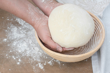 Two hands holding bread dough, proofing basket