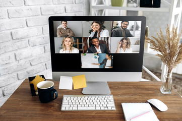 Video call. Online zoom conference. Business team gathered for an online meeting in zoom app. On a...