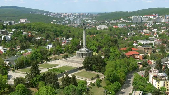 Aerial of Slavin Memorial, Bratislava Slovakia - Establishing Shot of Slavin Memorial National Cultural Monument and Military Cemetery of Soviet Soldiers, During a Sunny Spring Day