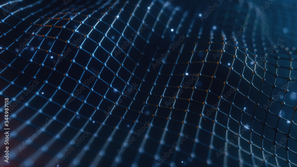 Poster abstract mesh with wave motion and depth of field. connected data nodes. artificial intelligence. vi