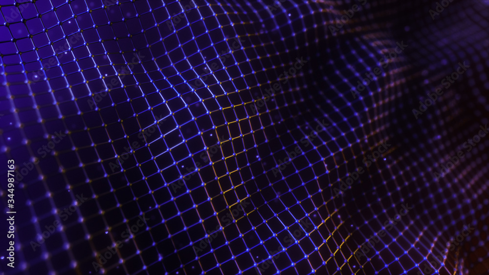 Poster abstract mesh with wave motion and depth of field. connected data nodes. artificial intelligence. vi