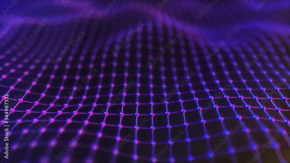 Poster abstract mesh with wave motion and depth of field. connected data nodes. artificial intelligence. vi