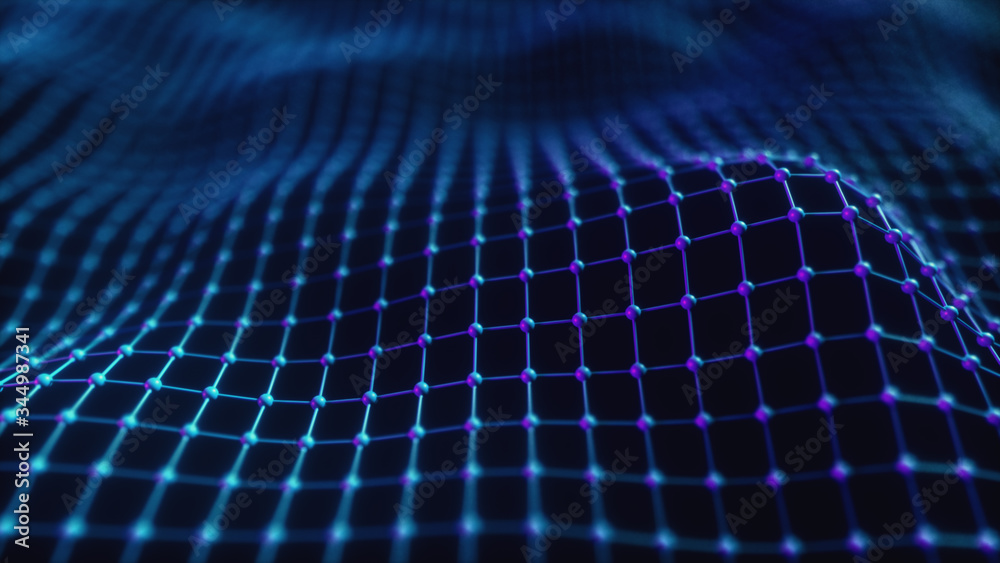 Poster abstract mesh with wave motion and depth of field. connected data nodes. artificial intelligence. vi