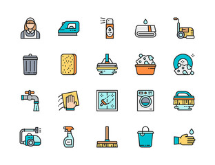 Set of Cleaning Flat Color Line Icons. Housewife, Air Freshener, Bucket and more