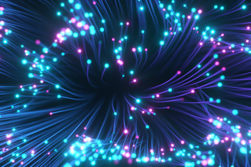 Fiber optic wires with flashing signals. Digital data transmission via fiber optic cable. Top view of colored optical fibers with bokeh. Technology concept. 3d illustration