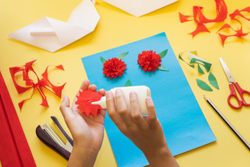 DIY instructions. How to make card with carnation flowers and origami dove at home. Card to Victory Day 9 May. Step by step photo instruction. Step 11. Paste the details on the card