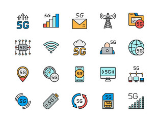 Set of 5G Internet Color Line Icons. Network Signal, Database, Sim Card and more