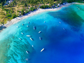 Beautiful Blue Clear Water and white sand, Aerial Gili Kedis turquoise water in Lombok, Indonesia.