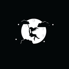 girl swing in the moon logo vector
