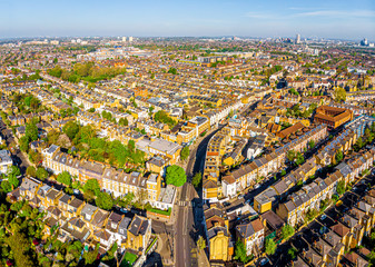 Aerial view of London suburb in the morning, UK