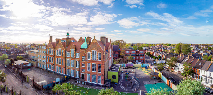 Aerial View Of School In London Suburb In The Morning, UK