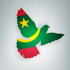State flag of Mauritania ( Islamic Republic of Mauritania)  in the shape of a bird. Flying dove flaps its wings on a gray background.	