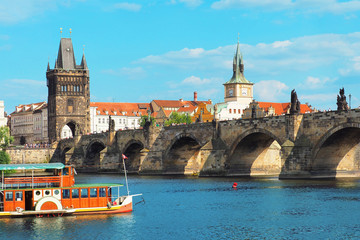 Fototapeta na wymiar Charles bridge and historical center of Prague, buildings and landmarks, Prague, Czech Republic