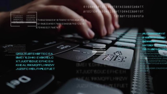 Time lapse of man working on laptop computer keyboard with graphic user interface GUI hologram showing big data science technology, digital network connection and computer programming algorithm.