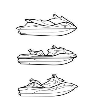 Jetsky, black and white icons, equipment, line icons, water scooter, different models, logo in linear style, icon. Vector illustration
