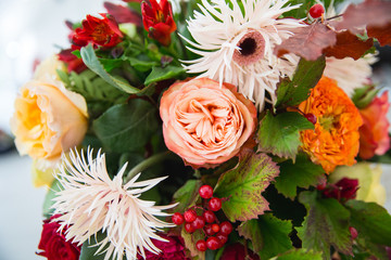 table decoration, bouquet, autumn bouquet, maple leaves, florist's workshop