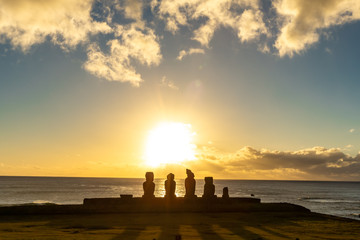 Moais in Ahu Vai Uri, Tahai Archaeological Complex, Rapa Nui National Park, Easter Island, Chile.