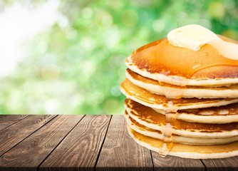 Stack of delicious pancakes, homemade breakfast concept