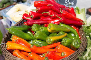 counter with peppers on the vegetable market in europe