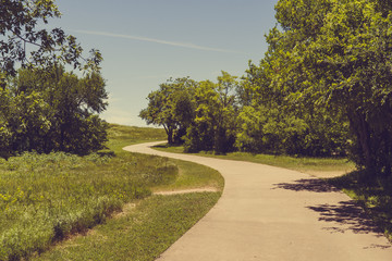 Concrete walkway in Texas city natural park on a sunny spring day.