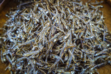 Dried fish meat cut for sale in the market. traditional market indonesia, ikan asin