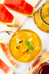 Watermelon Rind Jam Or Candied Watermelon Crusts In Syrup. Azerbaijani Cuisine. Selective focus.