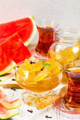 Watermelon Rind Jam Or Candied Watermelon Crusts In Syrup. Azerbaijani Cuisine. Selective focus.