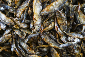 Dried fish meat cut for sale in the market. traditional market indonesia, ikan asin