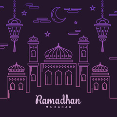 Ramadan kareem background for greeting card with mosque, lanterns, stars, and moon in mono line style