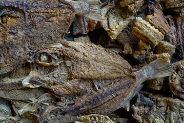 Dried fish meat cut for sale in the market. traditional market indonesia, ikan asin