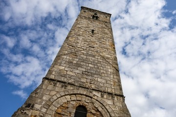 St Rules Tower in Saint Andrews, Scotland in strong perspective view from bottom