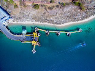 Sumbawa Indonesia June 1, 2020 : Aerial Harbor Indonesia in Pototano Sumbawa, Port for departure from Lombok kayangan to Sumbawa island