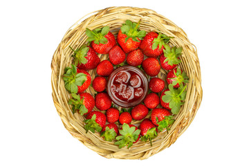 Isolated background fresh strawberry and strawberry jam in basket