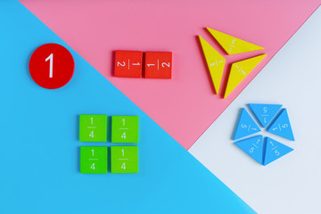 Colorful math fractions, numbers on blue pink white background. Interesting, fun mathematics for...