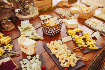 Tasting of various types of cheese during a cocktail