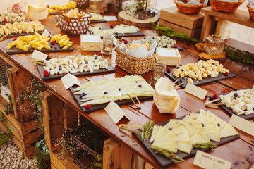 Tasting of various types of cheese during a cocktail