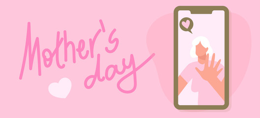 Mother's day cellphone illustration video call. Social distancing. Happy Mother's Day, Vector Of Mother. holiday covid 19. Corona Virus. Flat vector illustration Social media banner. calligraphy text.