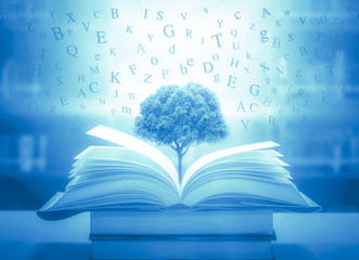 The blurred book that is bewitched with magic, the magic light in the dark, with the bright light shining down as the power to search for knowledge. For research and use as a blurred background