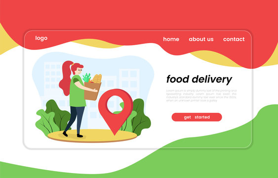Food delivery banner illustration. Image of grocery delivery. Illustration of a girl delivers groceries on the background of houses, near the location icon, the inscription food delivery