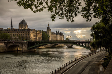 Paris, France - April 28, 2020: Panoramic view of the Conciergerie, the Hotel Dieu and the bridges...