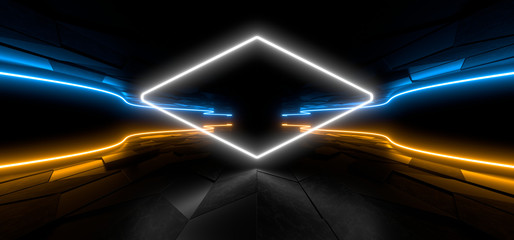 Colored luminous geometric shape on a black background. Blurred reflection on the floor. 3d rendering image.