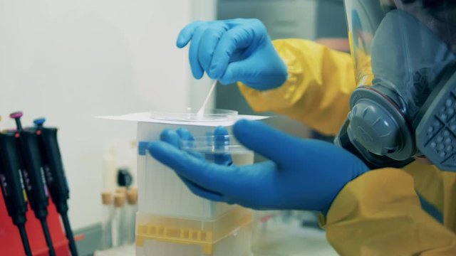 Male scientist uses a q-tip while working with coronavirus vaccine in laboratory.