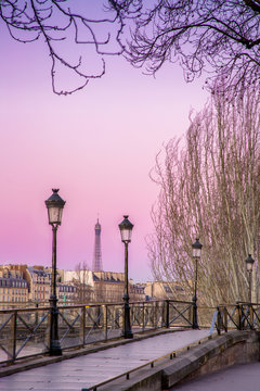 Sunrise over Paris near Pont des arts, view of the Eiffel Tower, Paris, France.