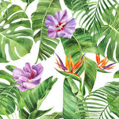 Seamless pattern with tropical leaves, passiflora, passionflower, hibiscus flowers on an isolated white background, watercolor jungle drawing.