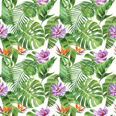 Seamless pattern with tropical leaves, passiflora, passionflower, hibiscus flowers on an isolated white background, watercolor jungle drawing.