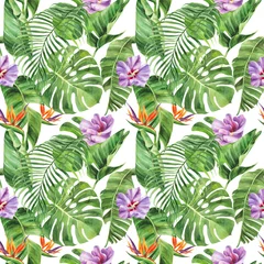 Poster Seamless pattern with tropical leaves, passiflora, passionflower, hibiscus flowers on an isolated white background, watercolor jungle drawing. © Maya