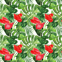 Watercolor seamless pattern with anthurium, monstera on an idolated white background, watercolor jungle, botanical drawing. Stock illustration. Fabric wallpaper print texture.