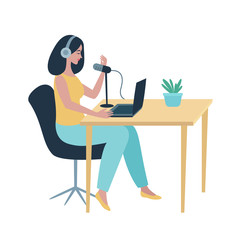 Podcast at studio. Female radio host, streamer, podcaster, blogger. Woman in headphones with laptop talking at the table. Broadcasting, podcasting vector illustration for website, web banner, etc