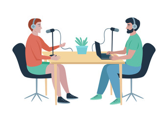 Podcast at studio. Male radio host interviewing guest on radio station. People in headphones talking at the table. Broadcasting, podcasting vector illustration for website, web banner, etc